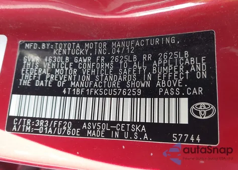 2012 Toyota Camry Se из США, поврежденный, VIN 4T1BF1FKSCU576259